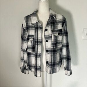 Sactuary Button Down Flannel Shirt Jacket Black White Plaid Large